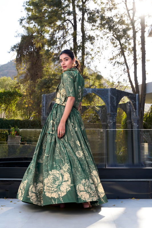 Green color tussar silk lehenga choli with koti online