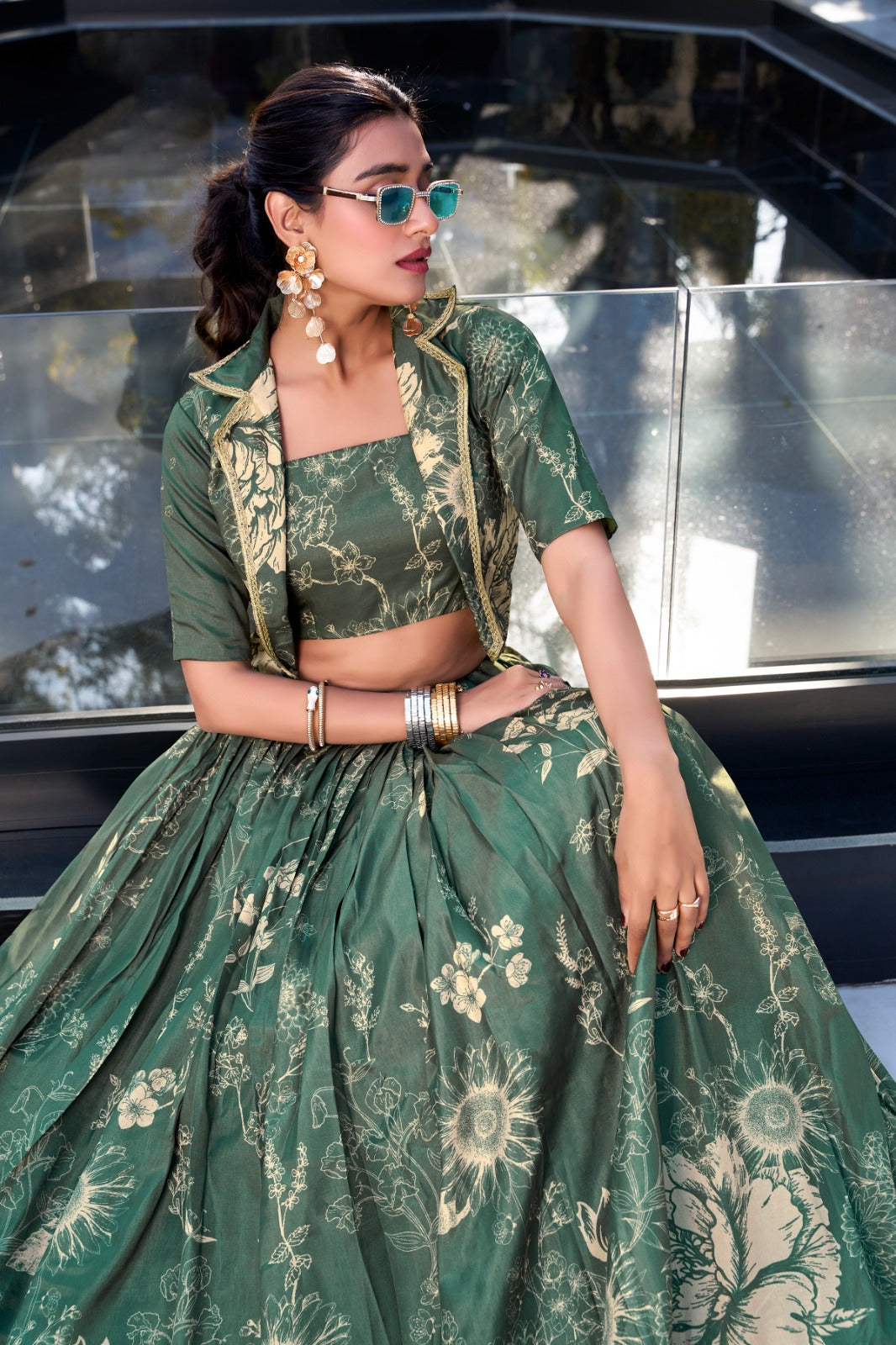 Green color tussar silk lehenga choli with koti design