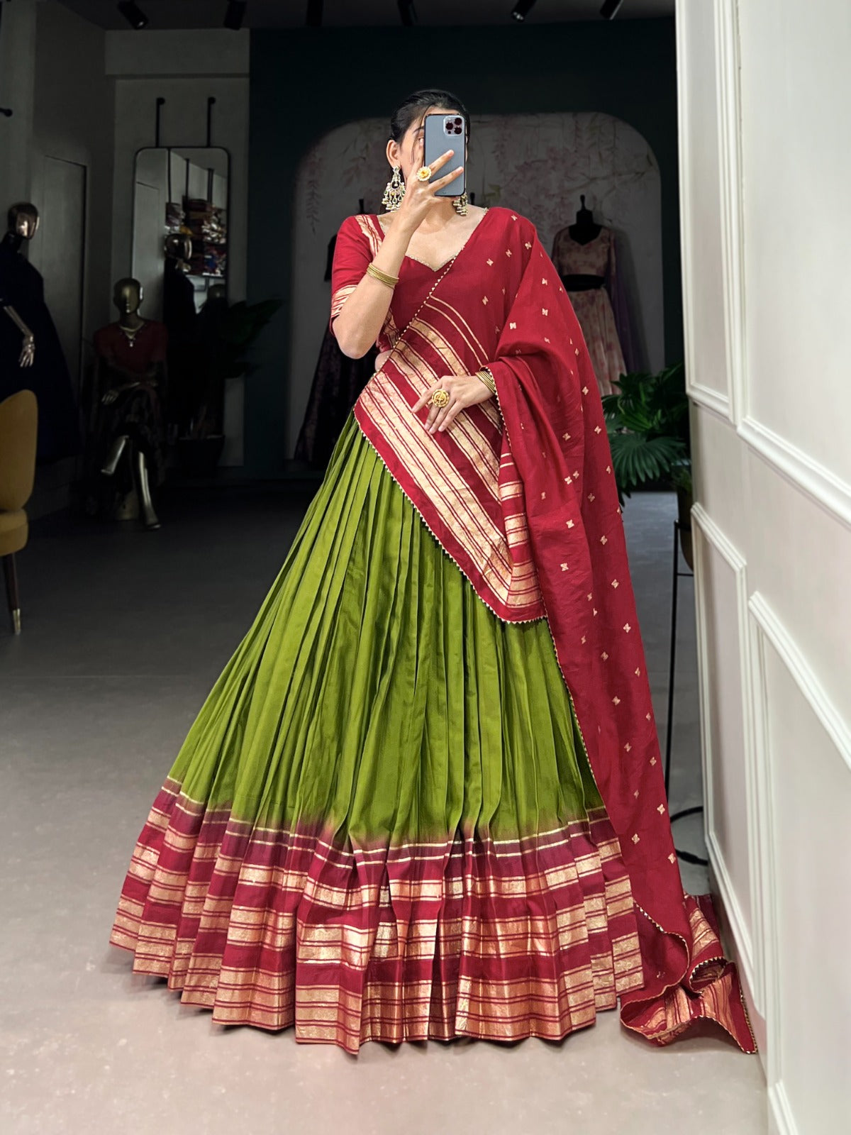 Mehendi color pure chanderi lehenga choli online