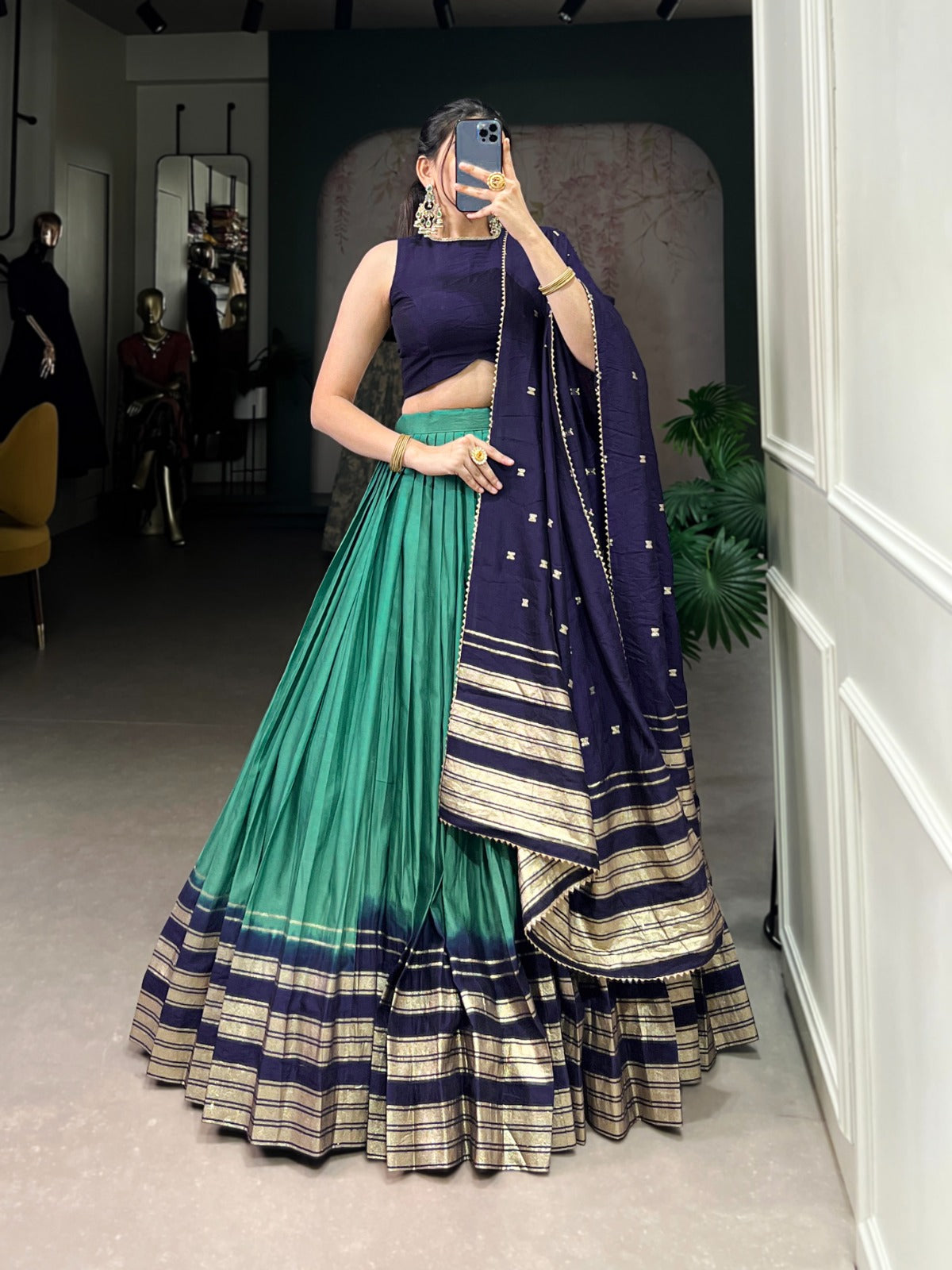 Firozi color pure chanderi lehenga choli for wedding