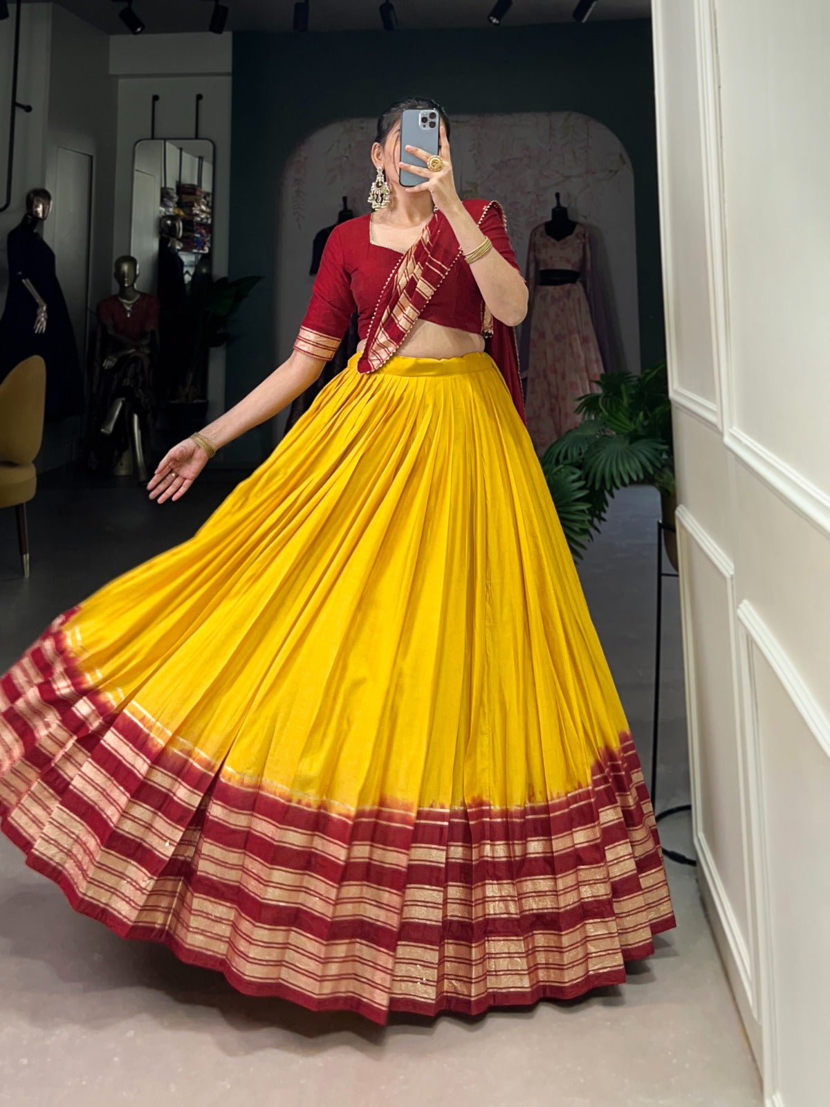 Yellow color pure chanderi lehenga choli with dupatta online