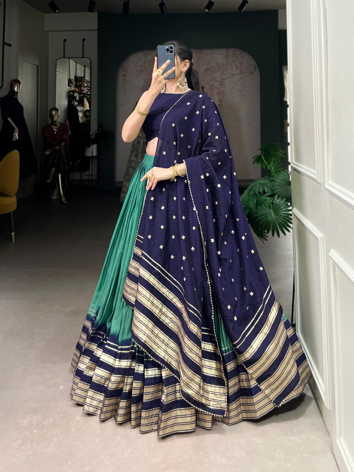 Firozi color pure chanderi lehenga choli for party