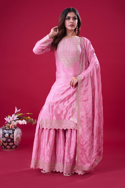 Pink color chinon silk sharara suit for wedding