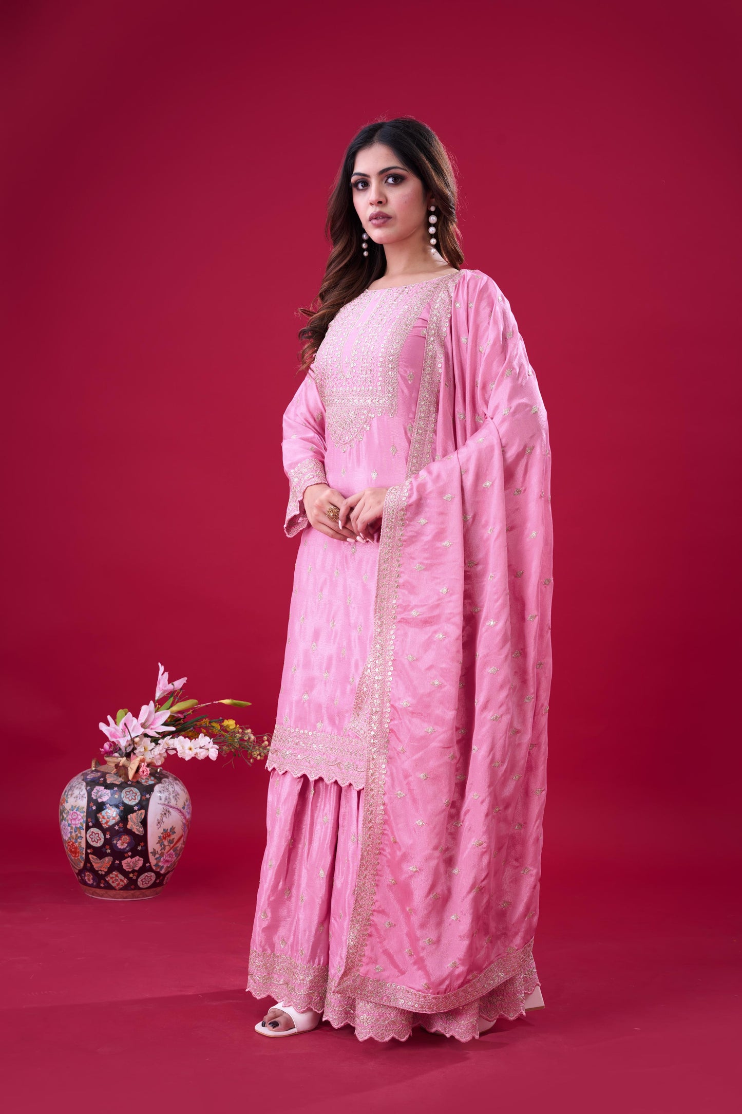 Pink color chinon silk sharara suit with dupatta price