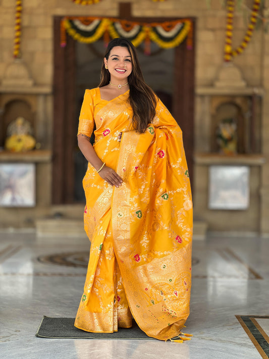 Yellow Banarasi silk sarees for women with price