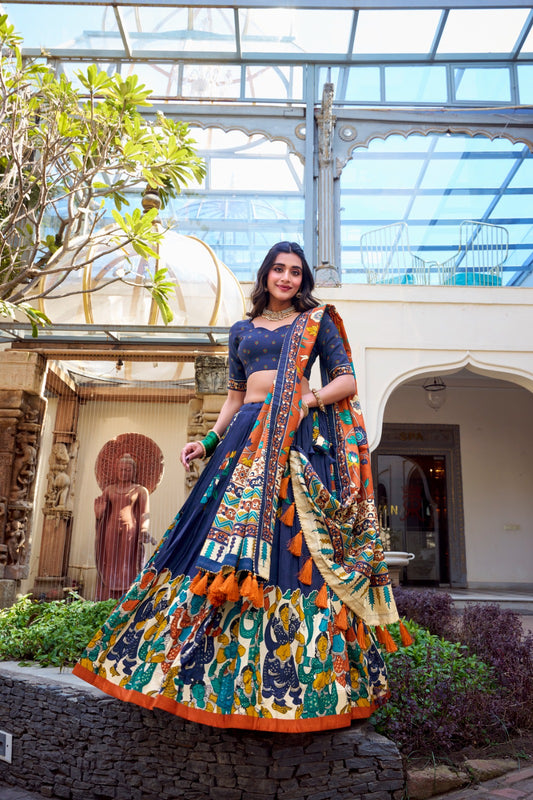 Navy blue color tussar silk lehenga choli with online