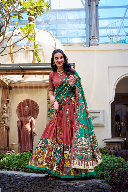 Red color tussar silk lehenga choli for wedding