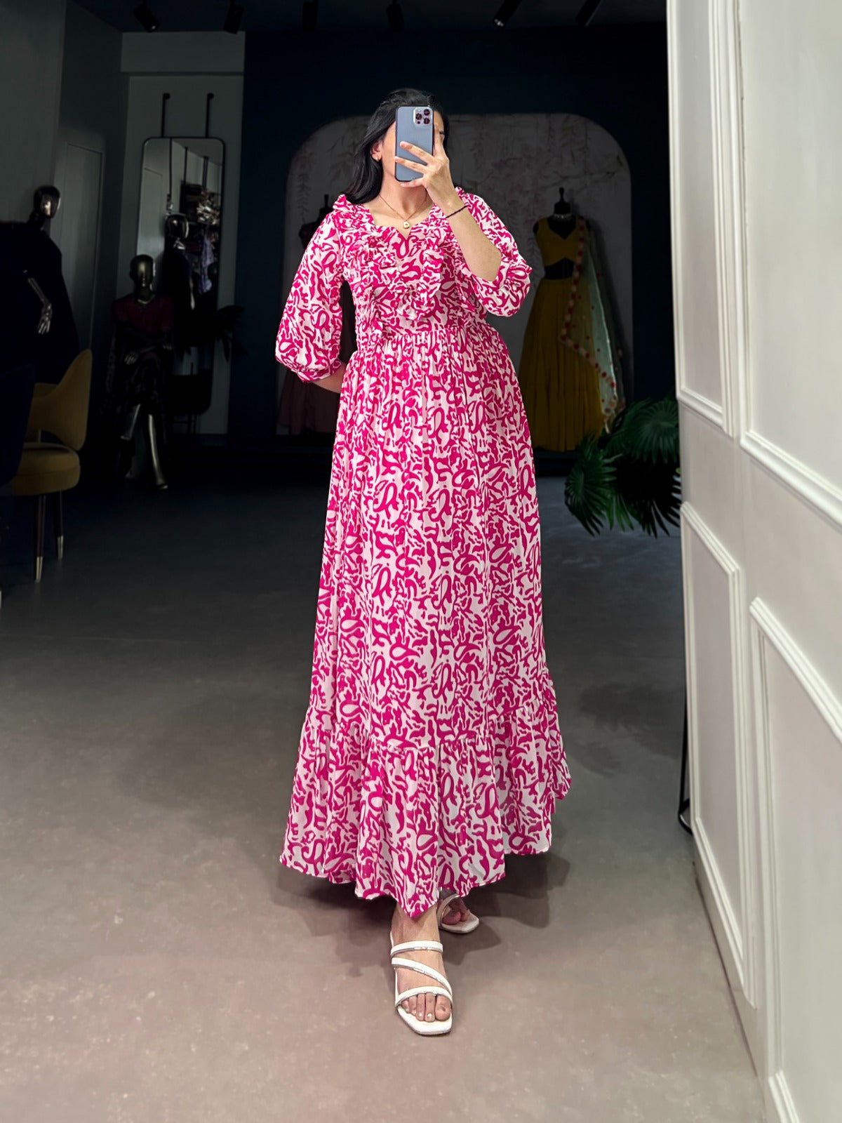 Adorable Pink Color Georgette Printed Frock For Summer Wear