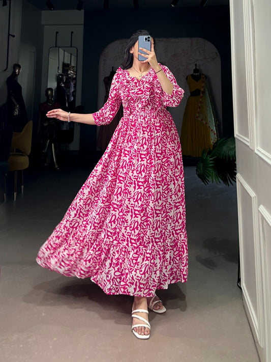 Adorable Pink Color Georgette Printed Frock For Summer Wear