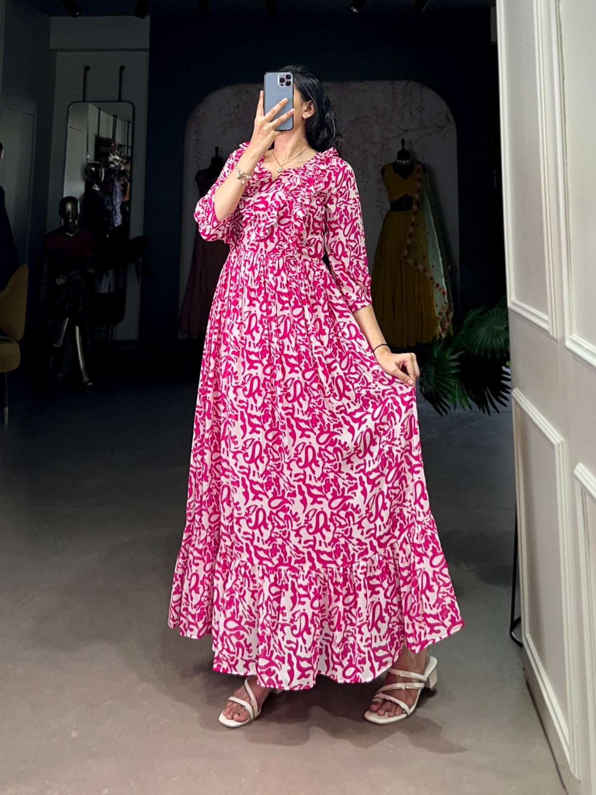 Adorable Pink Color Georgette Printed Frock For Summer Wear