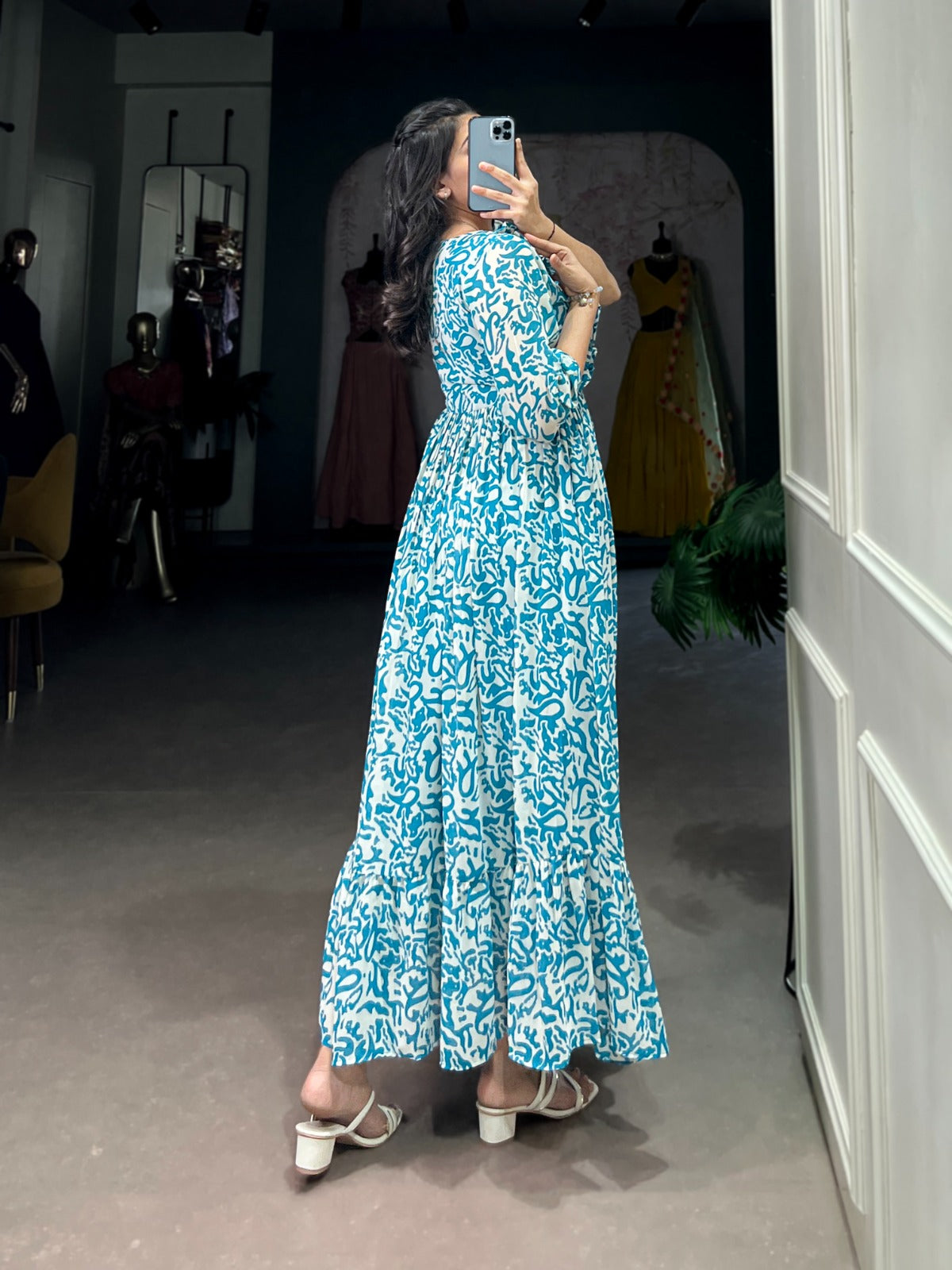 Sky color georgette printed long gown with online