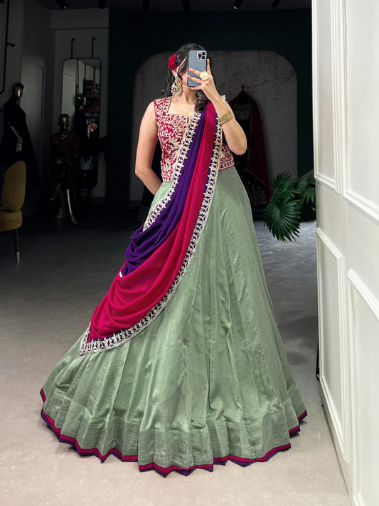 Sea green color vichitra silk lehenga choli for wedding