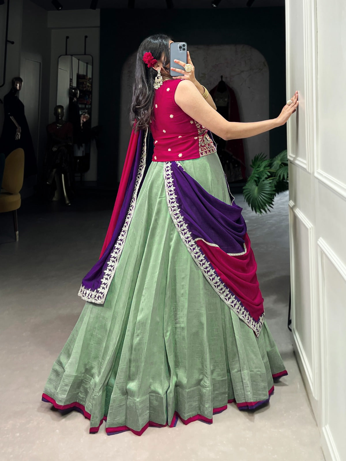 Sea green color vichitra silk lehenga choli with dupatta online