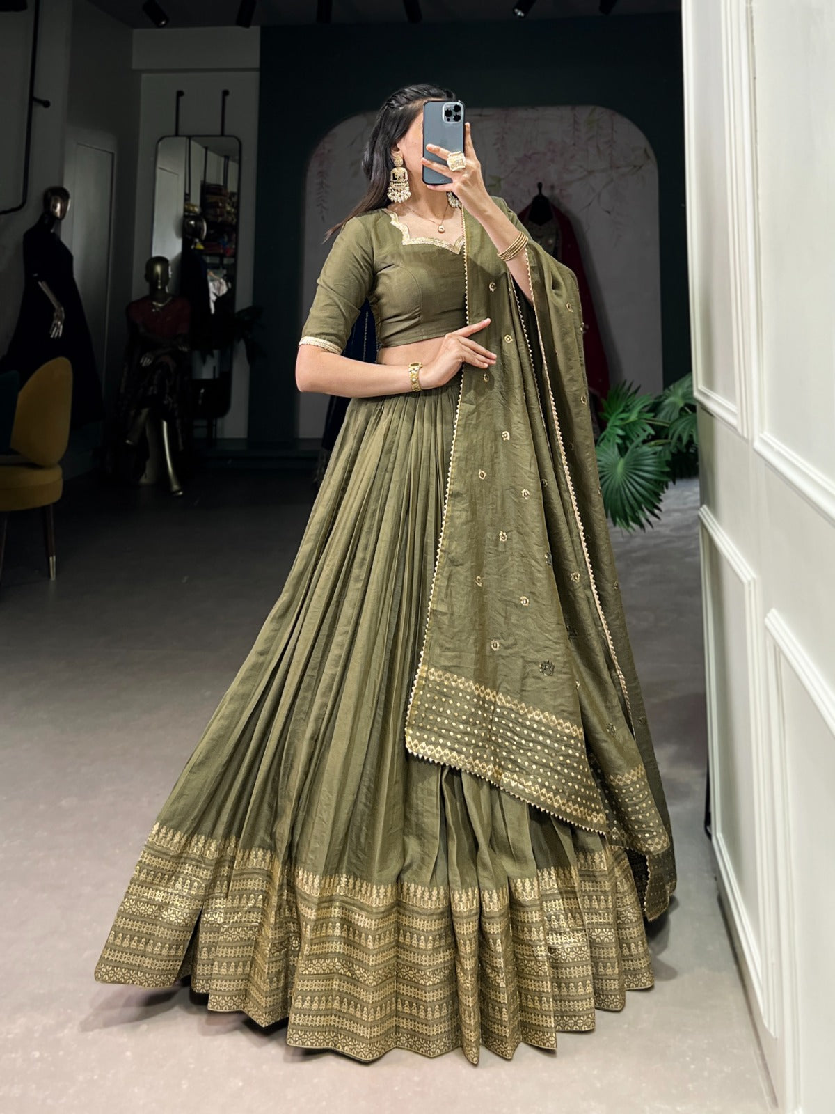 Mehendi color pure chanderi lehenga choli price