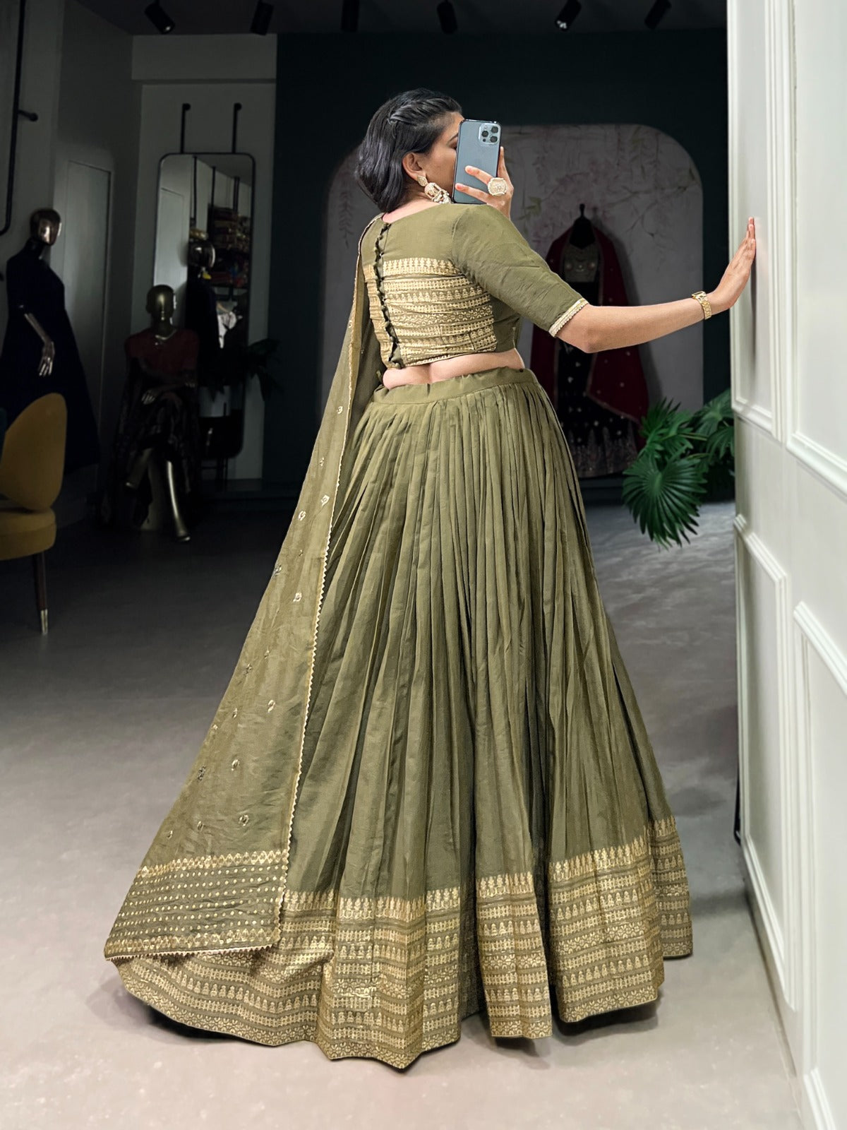Mehendi color pure chanderi lehenga choli online shopping