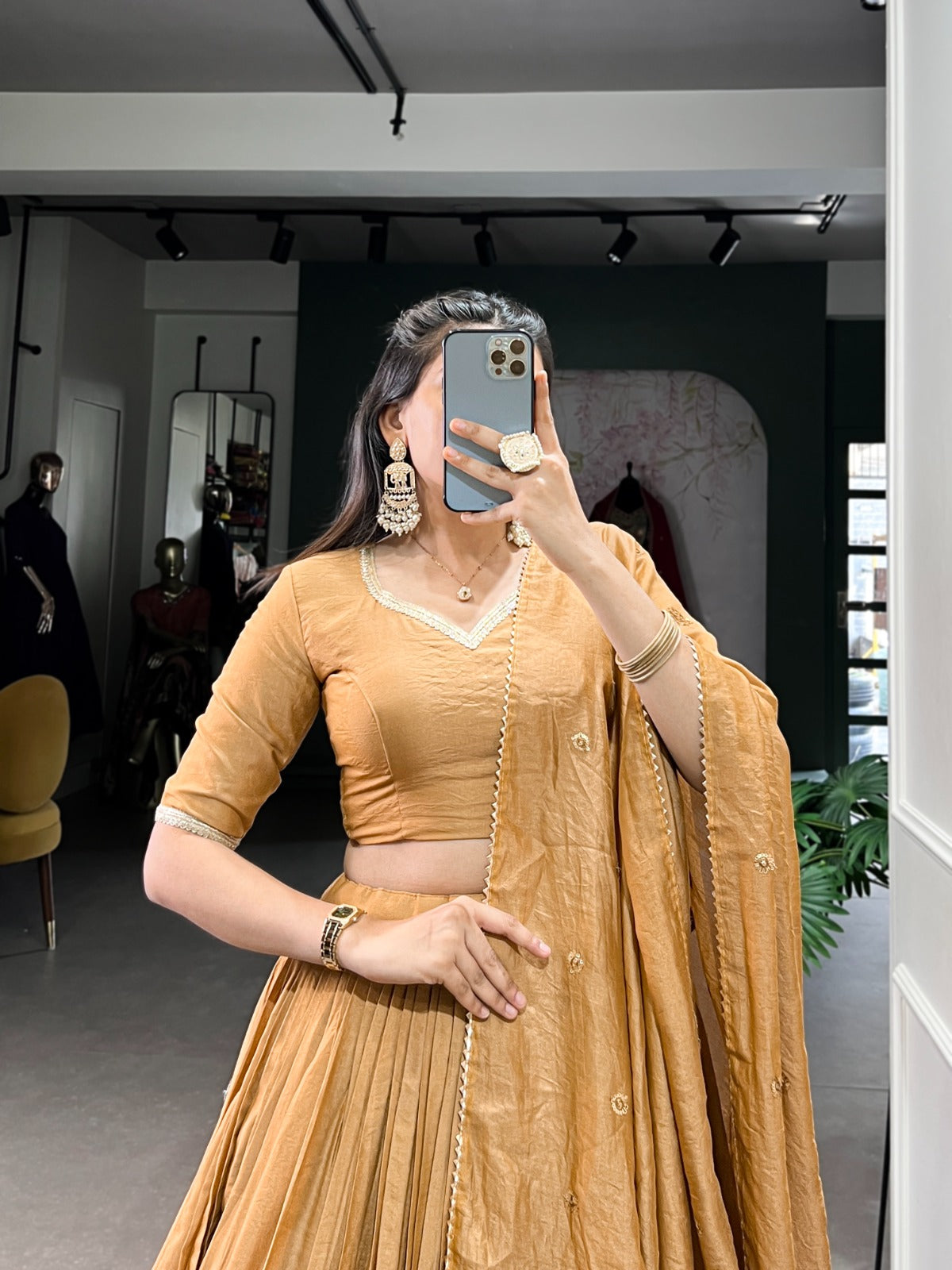 Mustard color pure chanderi lehenga choli online shopping