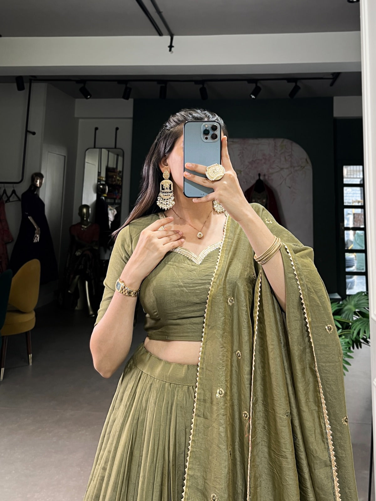 Mehendi color pure chanderi lehenga choli images