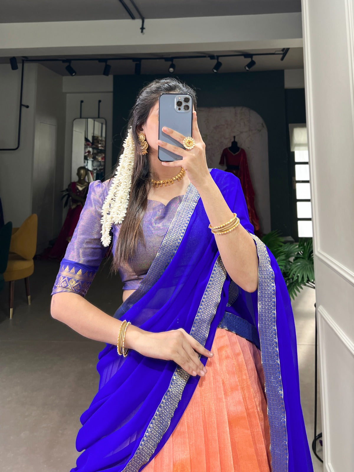 Peach color kanchipuram lehenga choli with dupatta