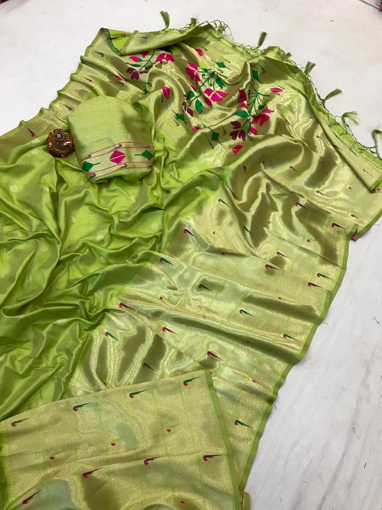 Parrot color paithani silk weaving saree online