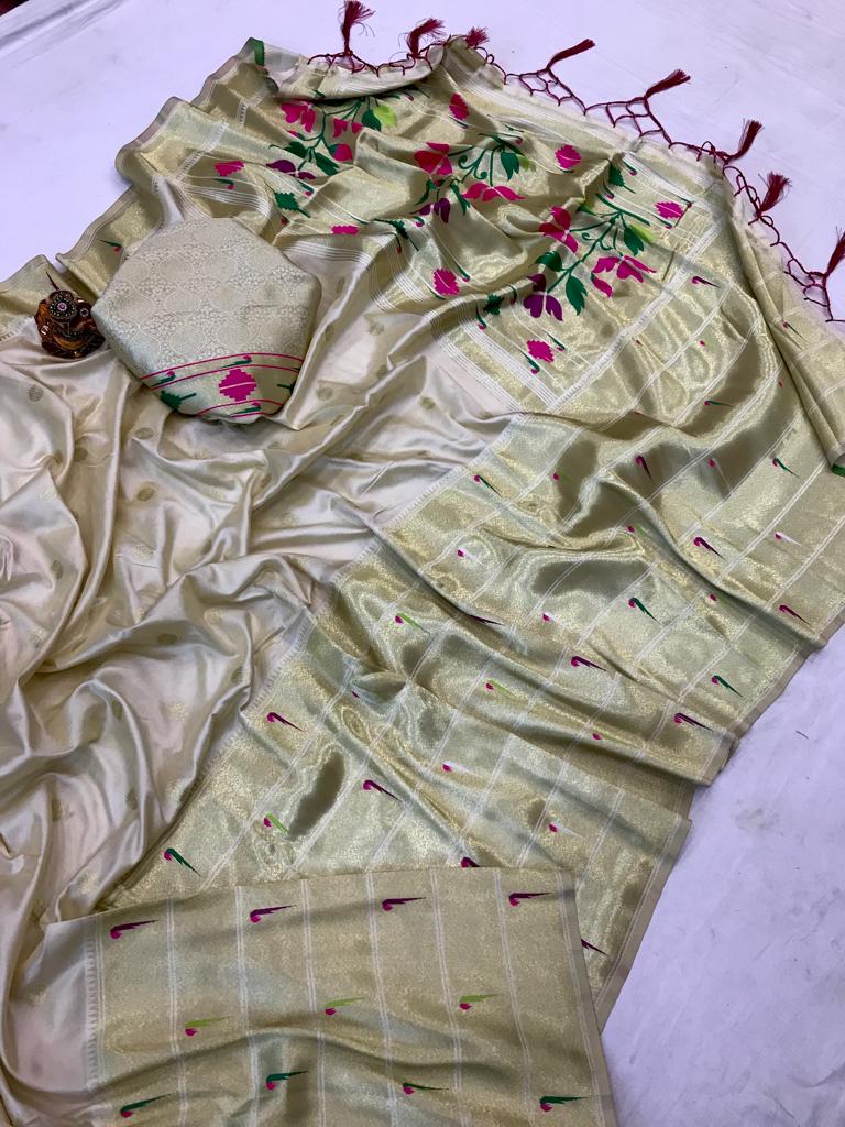 Off white color paithani silk weaving saree with blouse