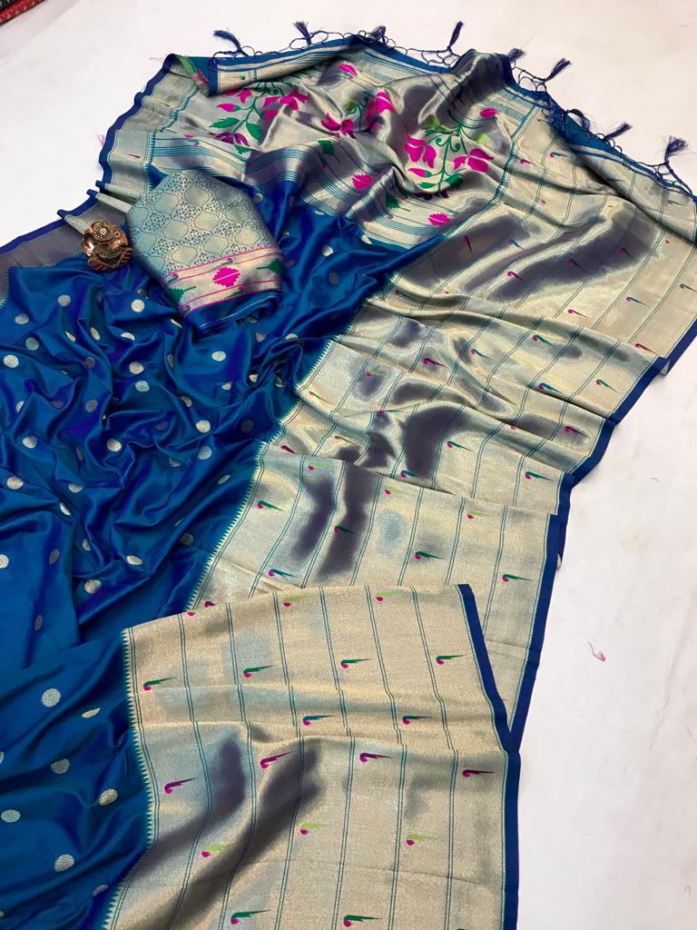 Blue color paithani silk saree for party