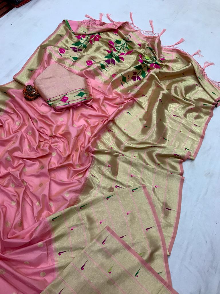 Peach color paithani silk saree with blouse images