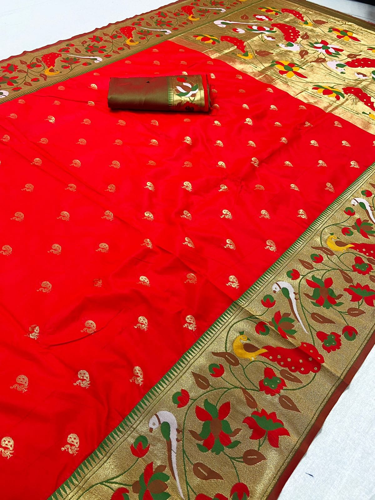 Red color paithani silk saree with blouse
