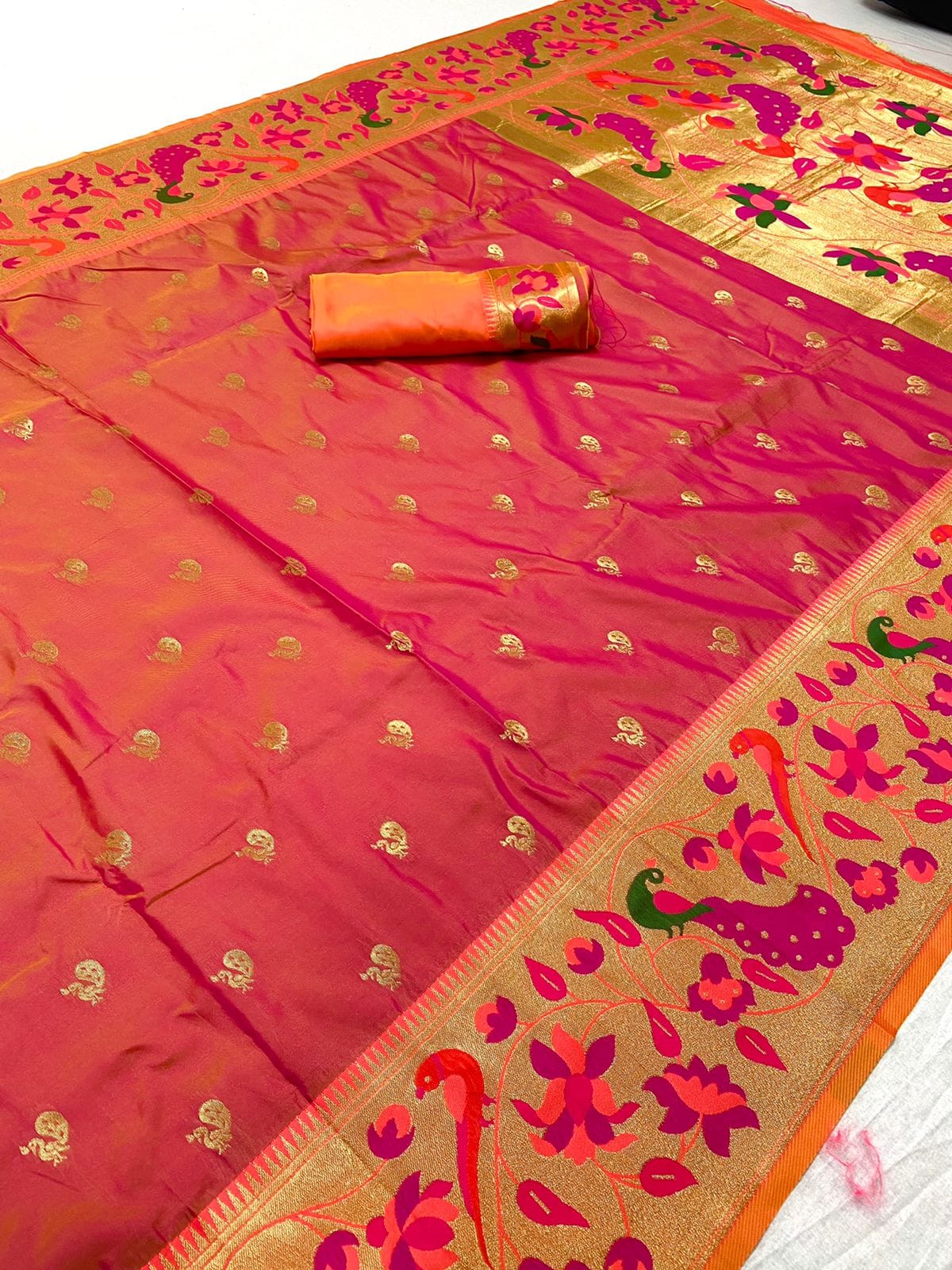 Rust color paithani silk saree with blouse images
