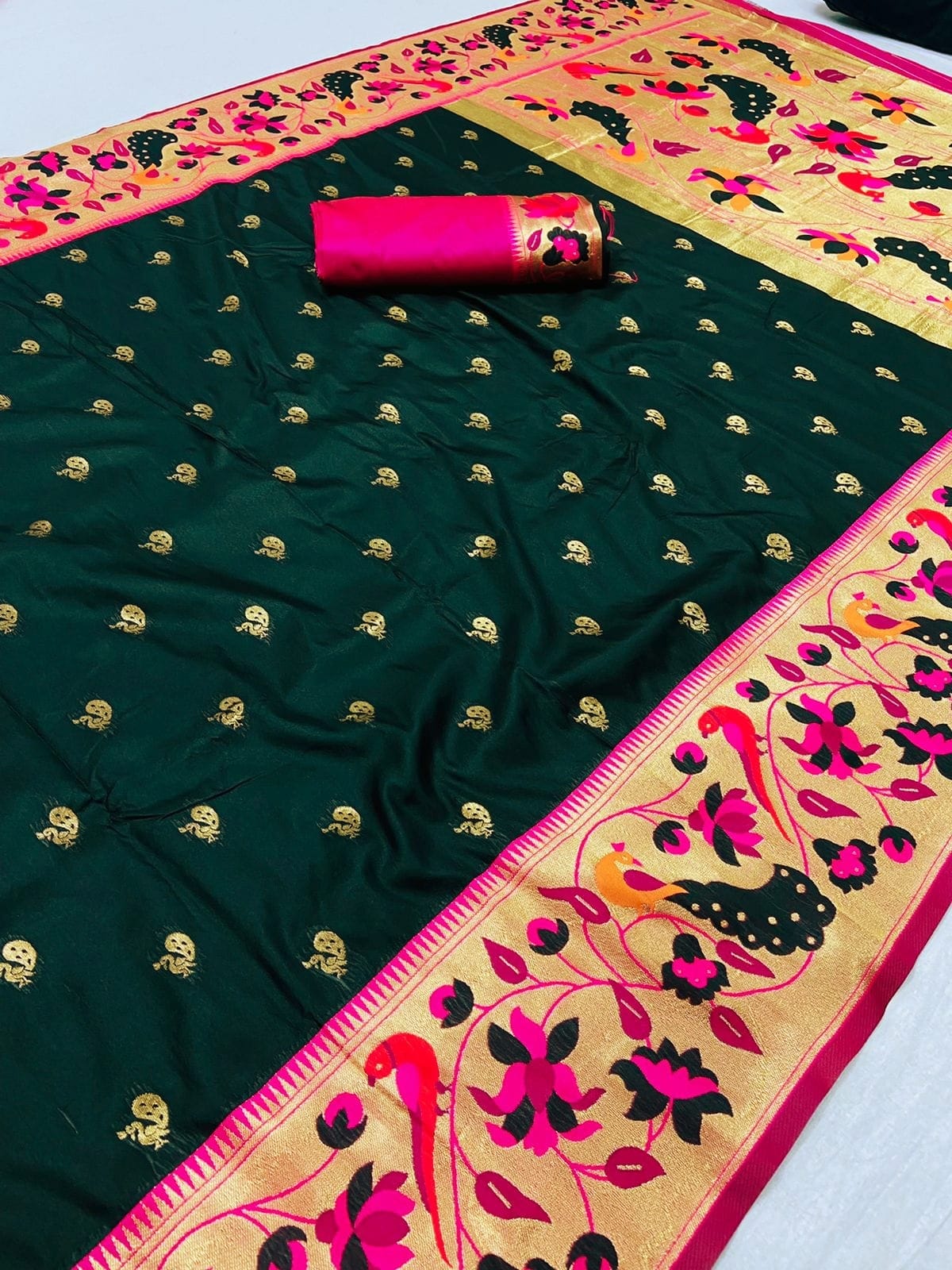 Bottle green color paithani silk saree with blouse price