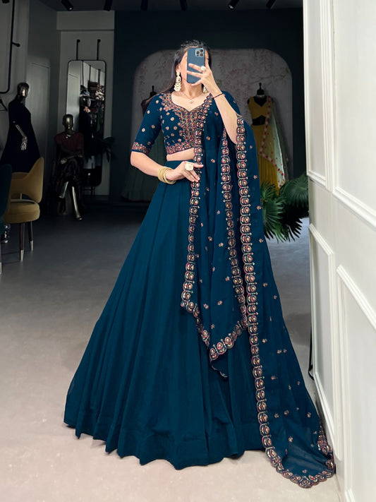 Firozi color georgette lehenga choli for wedding