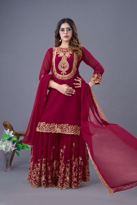 Pink color georgette sharara suit with dupatta online