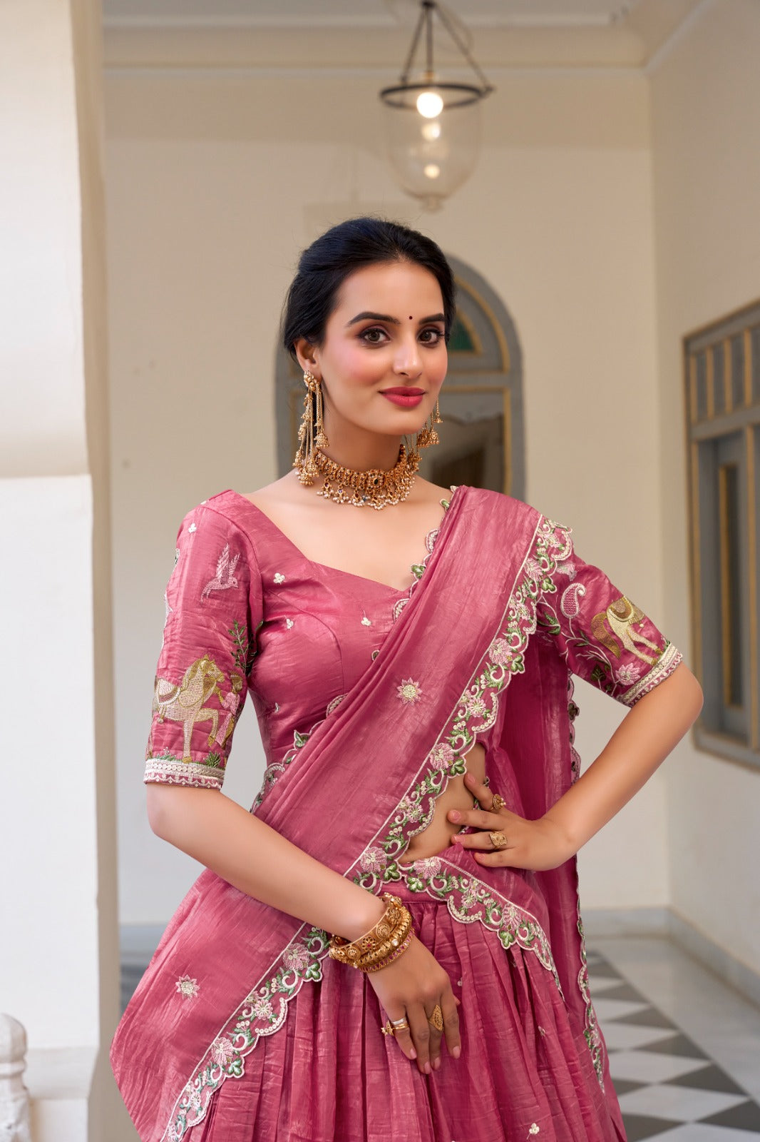 Pink color gold crush lehenga choli with dupatta price