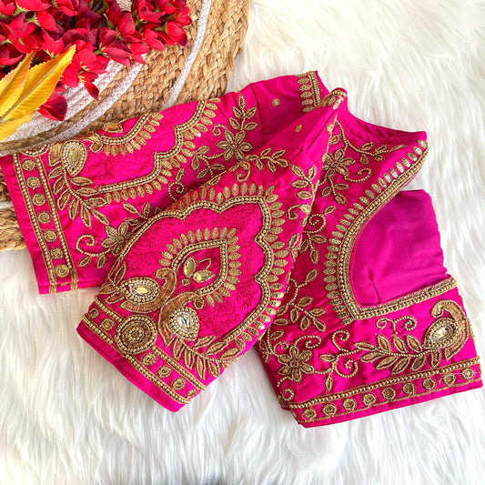 Pink color banarasi silk blouse for wedding