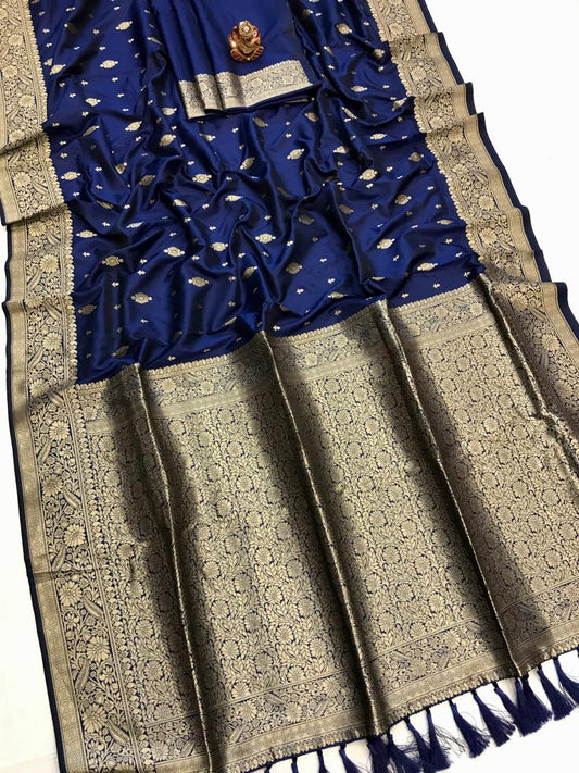 Navy blue color lichi silk saree for wedding