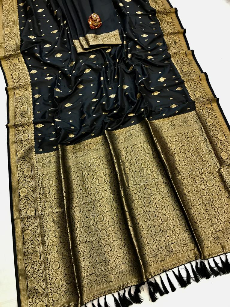 Black color lichi silk saree with blouse price