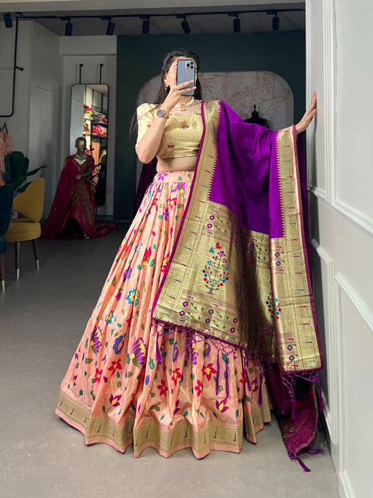 Peach color jacquard silk lehenga choli with dupatta