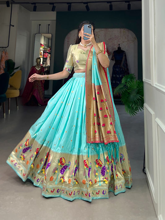 Sky color jacquard silk lehenga choli for wedding