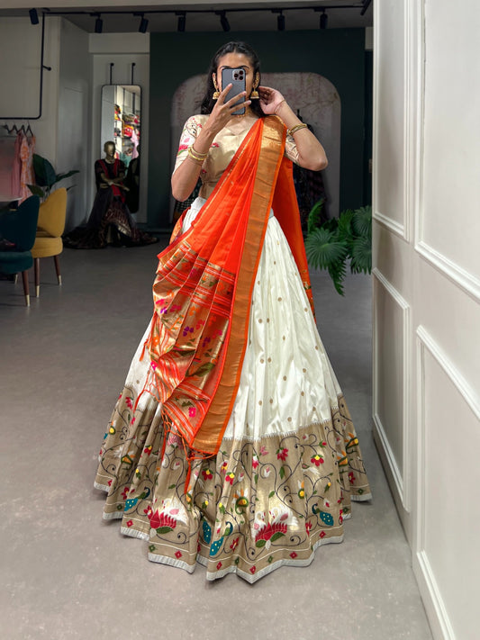 White color jacquard silk lehenga choli with dupatta