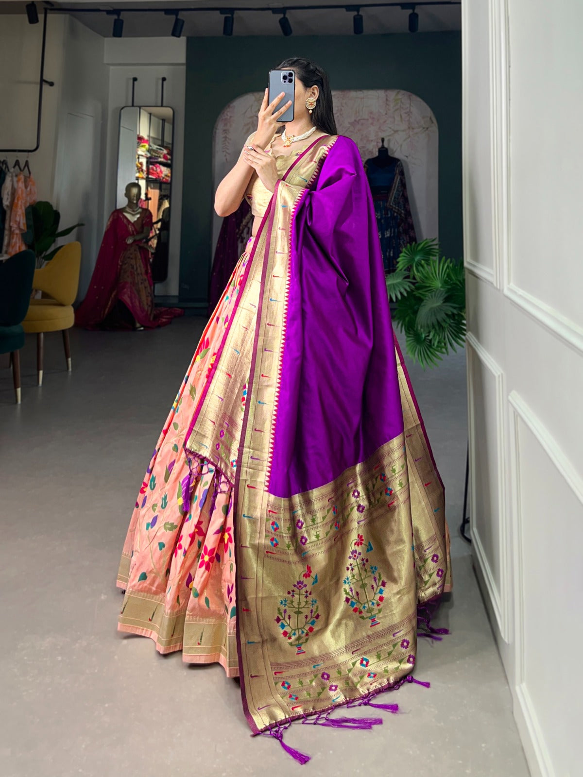 Peach color jacquard silk lehenga choli with dupatta price
