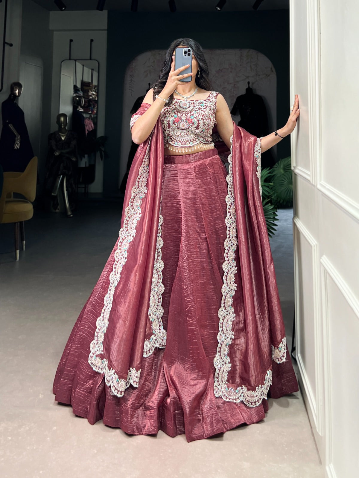 Rust color gold crush lehenga choli for wedding