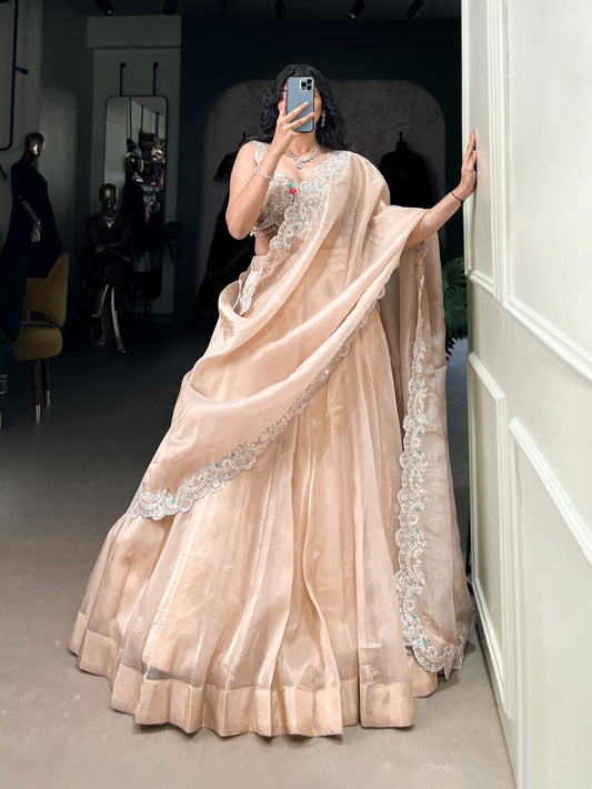 Cream color gold crush lehenga choli for women