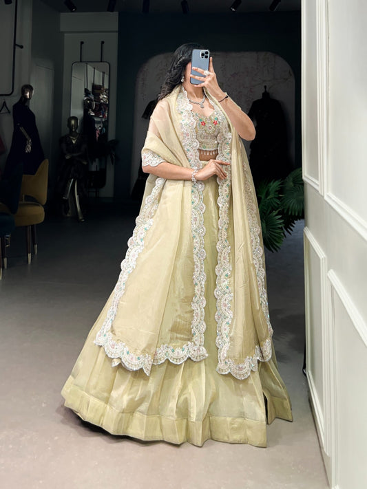 Green color gold crush lehenga choli for women