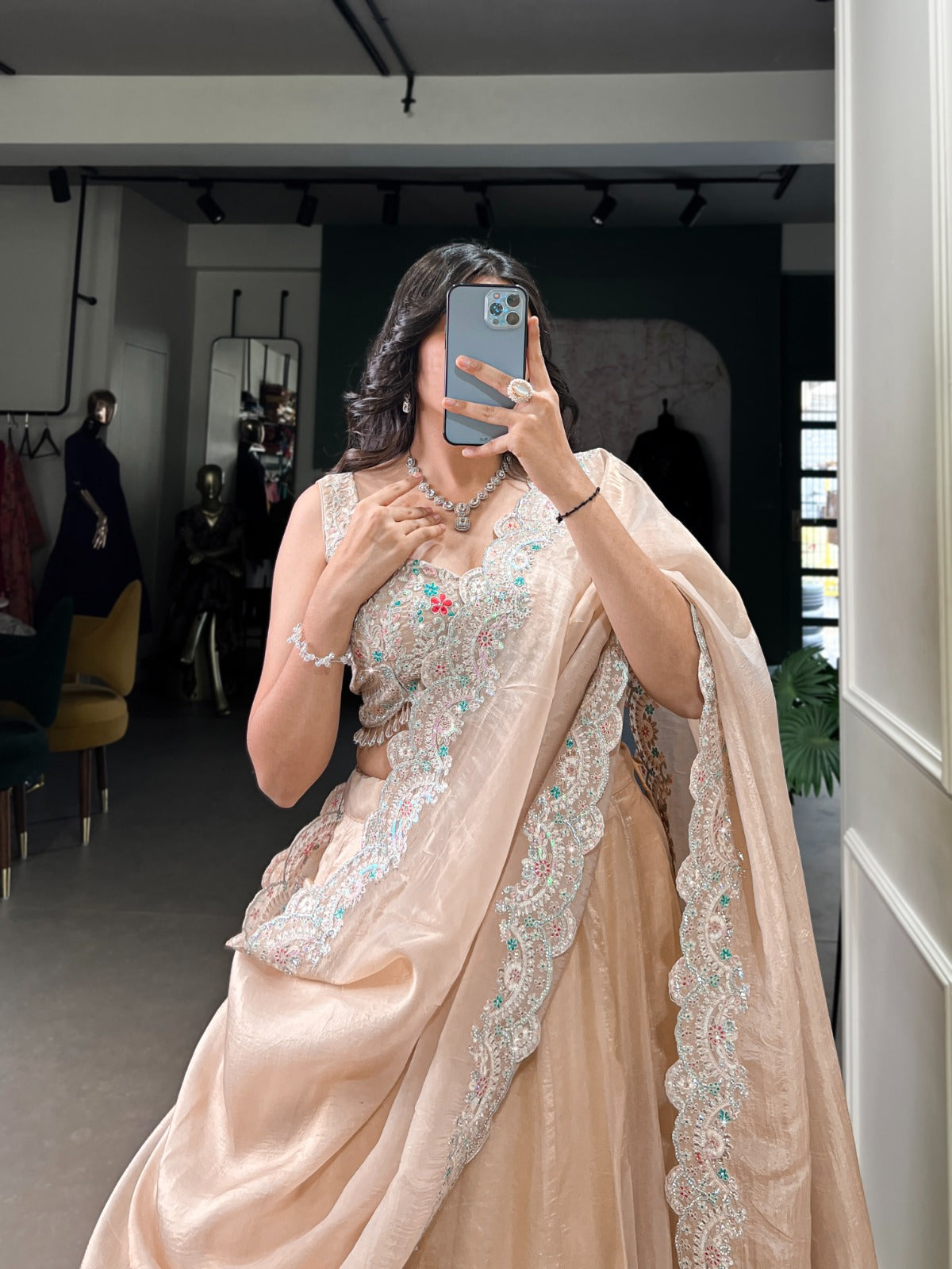 Cream color gold crush lehenga choli with dupatta price
