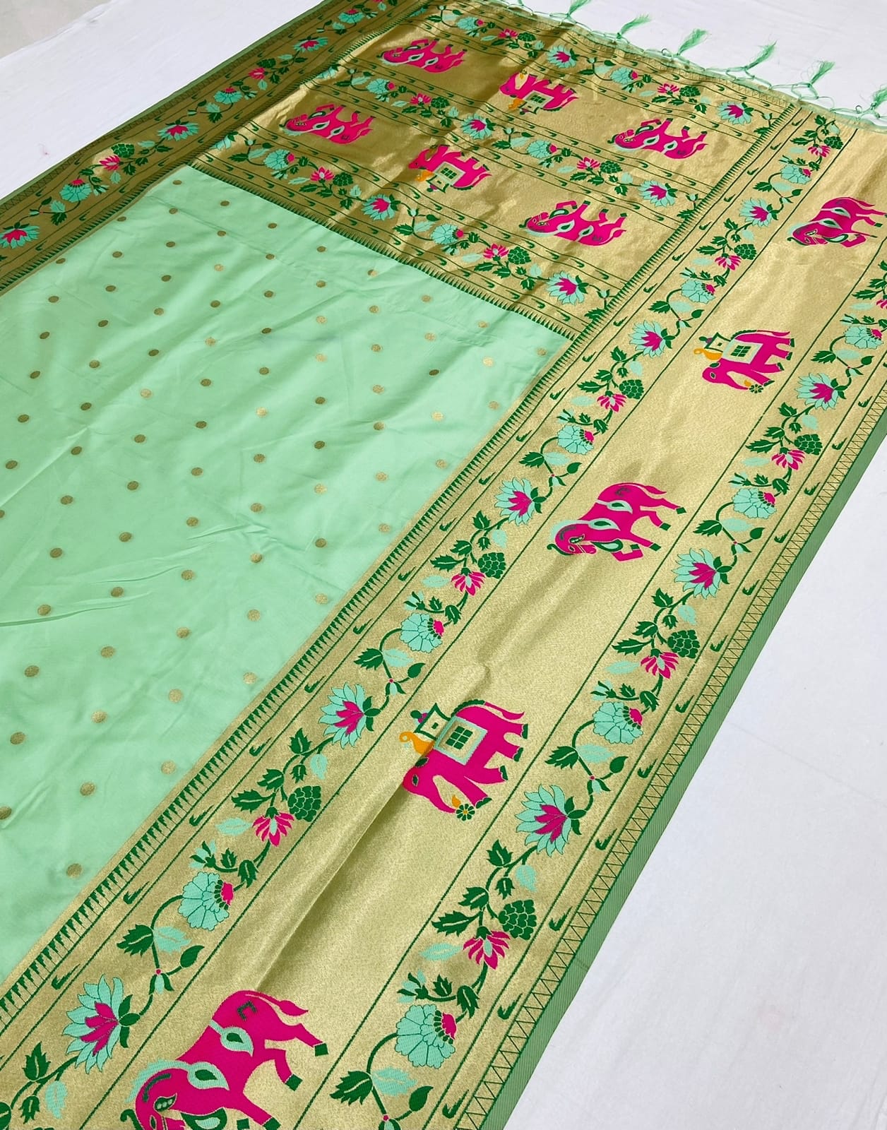 Rama color Banarasi silk saree with blouse images