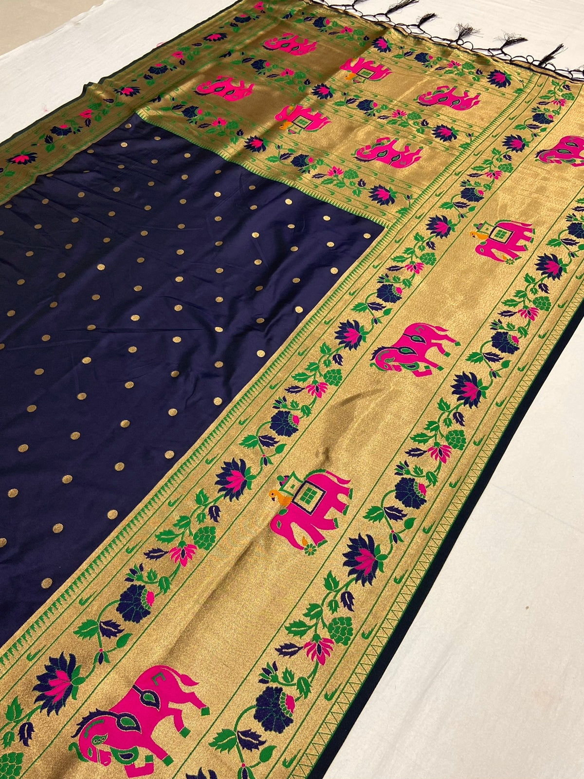 Navy blue color Banarasi silk saree with blouse design
