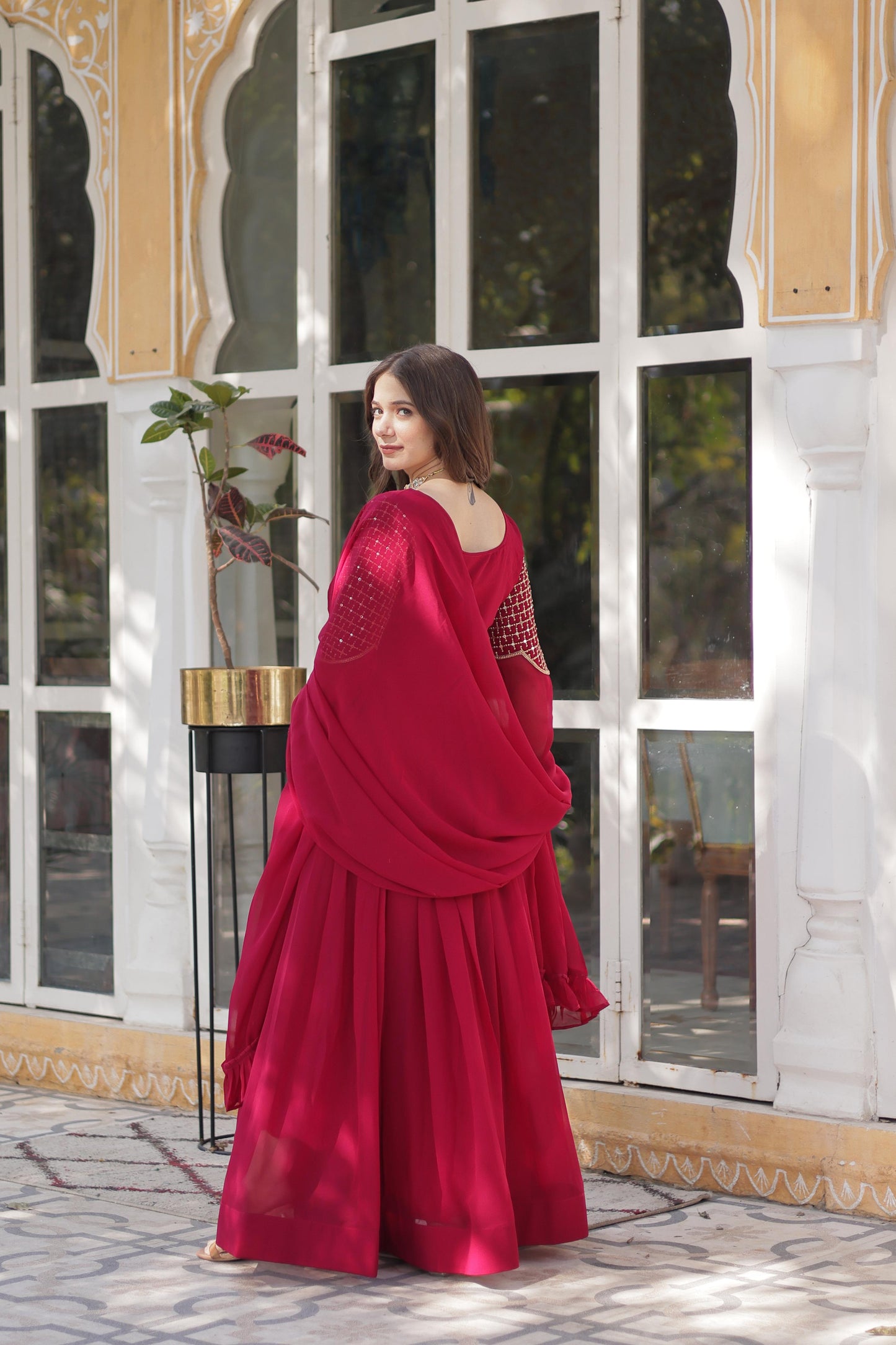 Pink color faux blooming gown with dupatta online