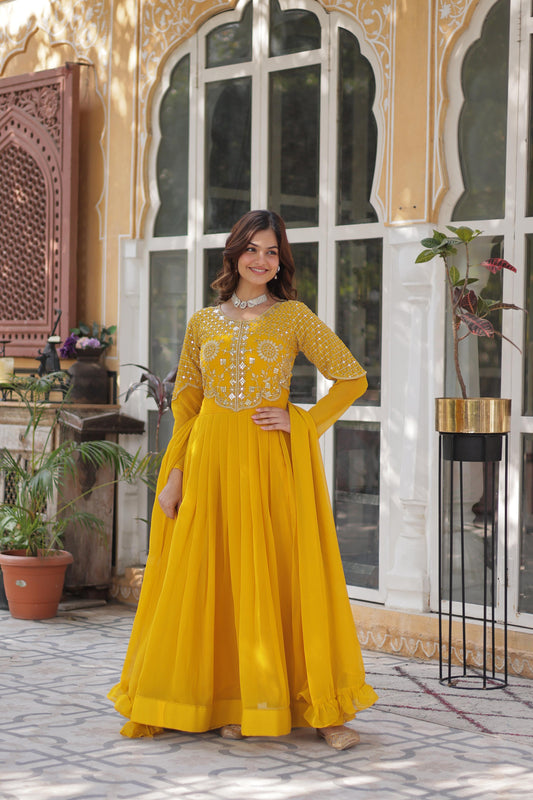 Yellow color faux blooming gown for women