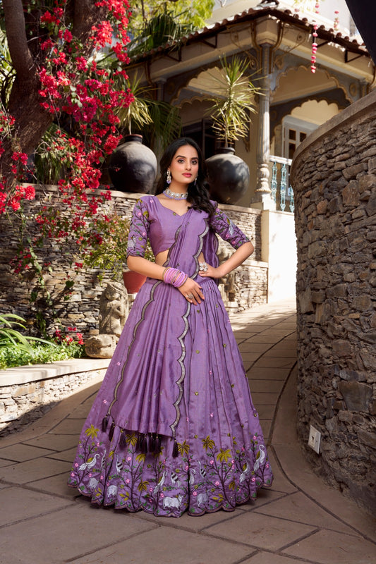 Lavender color vichitra simmer lehenga choli for wedding