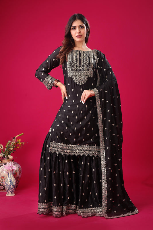 Black color chinon silk sharara suit for wedding