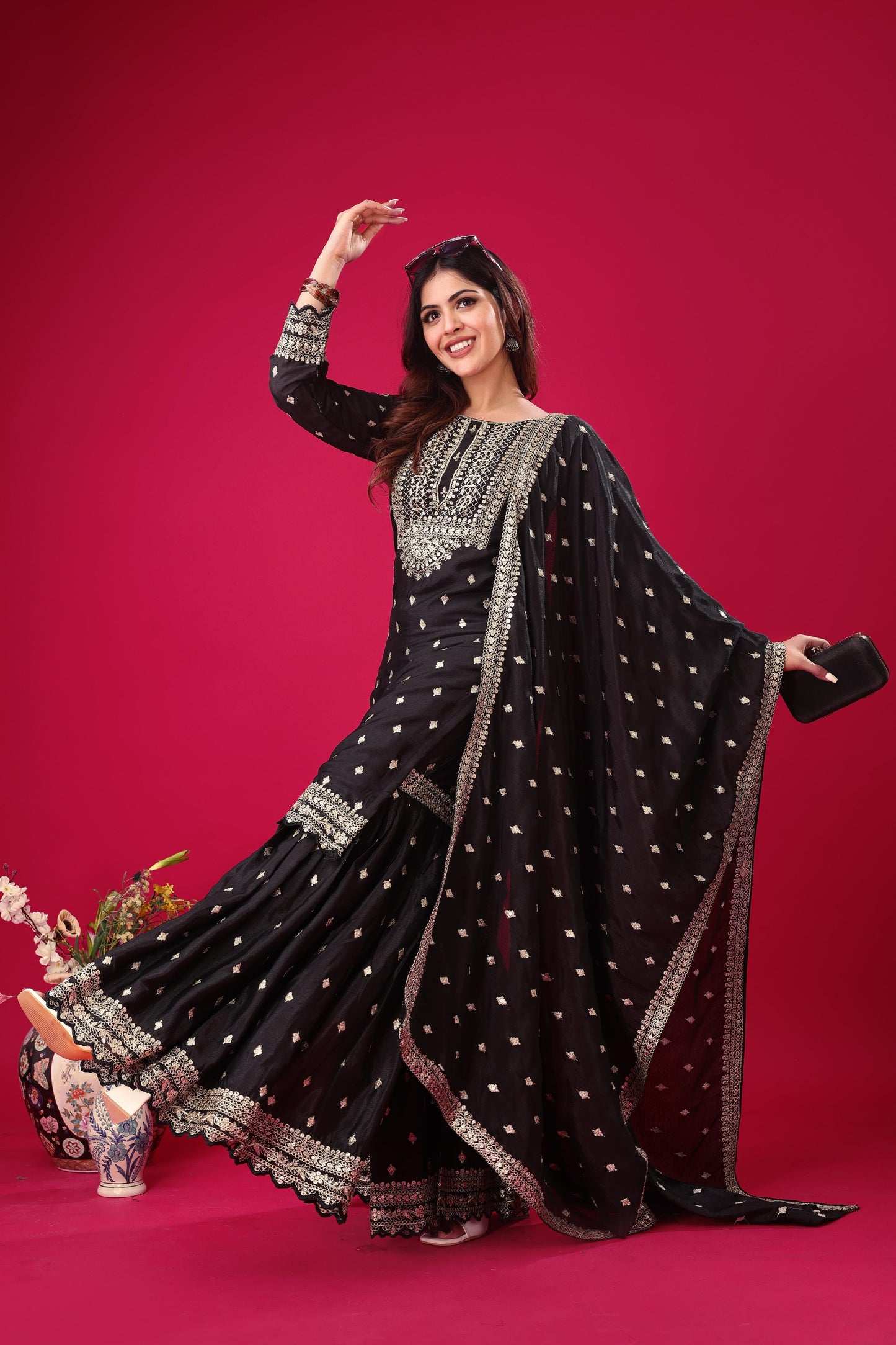 Black color chinon silk sharara suit with dupatta price
